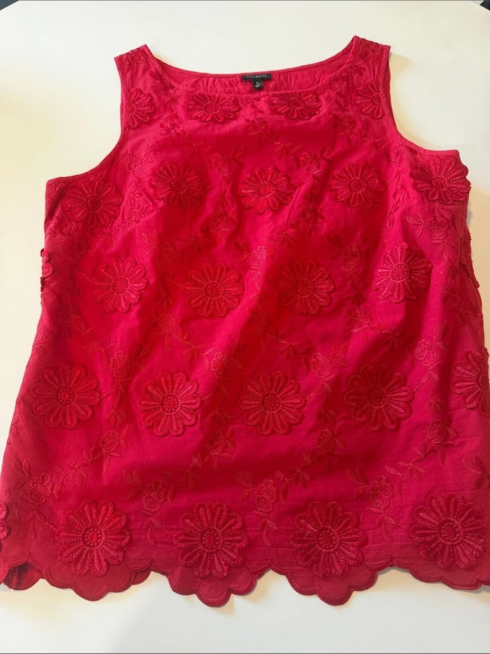 Talbots Red Sleeveless Embroidered Floral Tank Top Floral Cotton Tank Top in